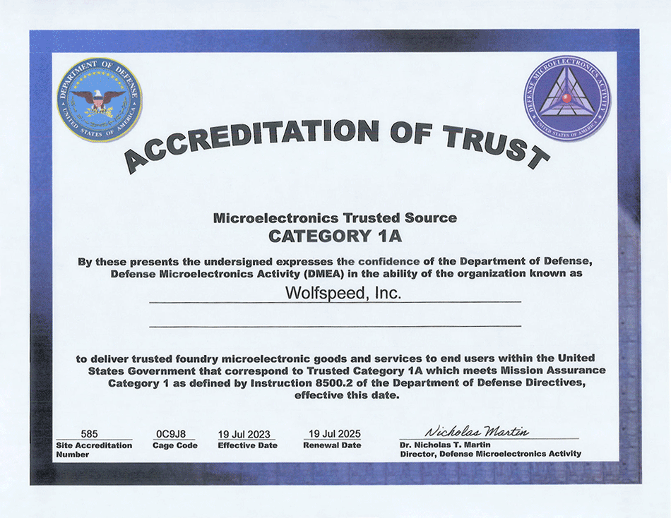Wolfspeed Accreditation of Trust Certificate