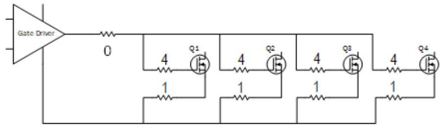 Figure 3: Driving parallel SiC MOSFETs with added gate and source resistors