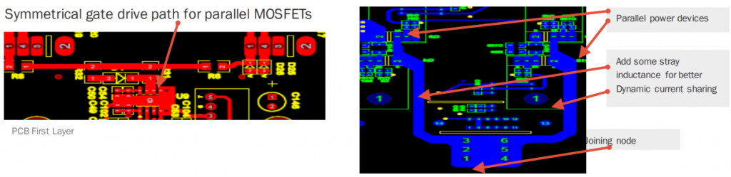 Figure 4: Examples of PCB layout for parallel MOSFET design