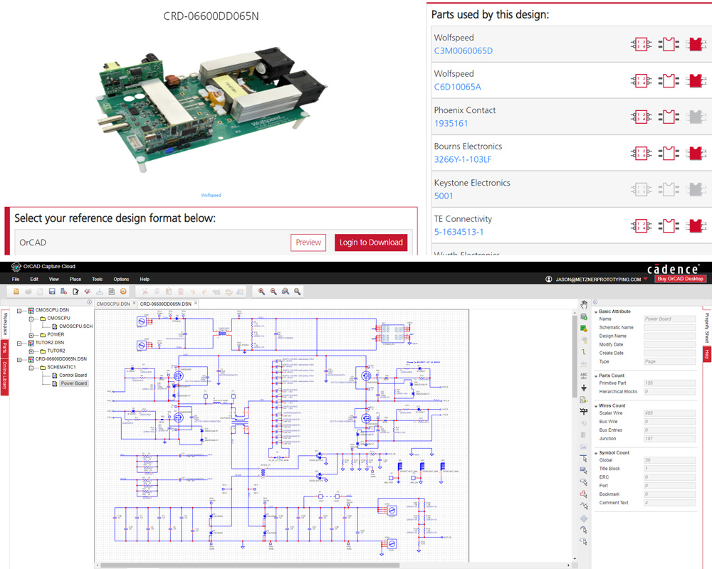Wolfspeed CRD-06600DD065N in the Ultra Librarian's website, as well as a screenshot of the evaluation board's details imported into a CAD system.