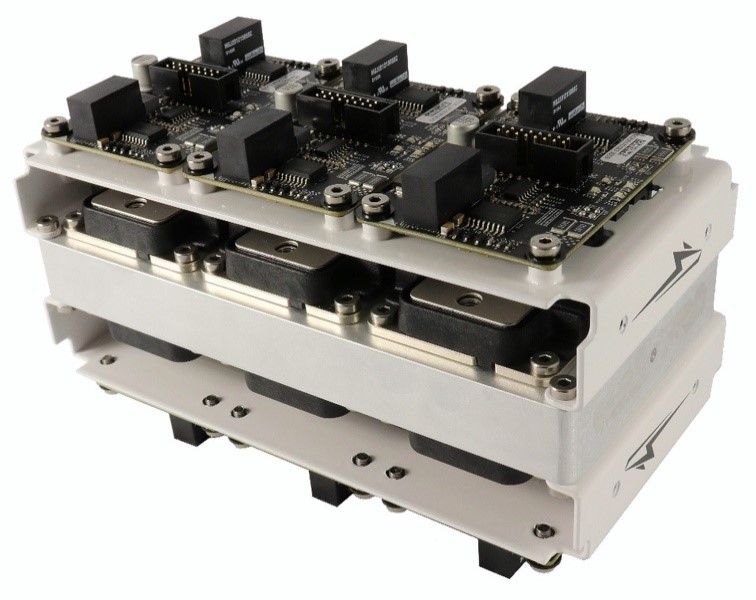 Close up product shot of multiple Wolfspeed XM3 power modules in a dual-power-core structure.