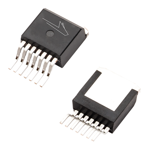 Angled product photo of the front and back of the TO-263-7 XL package used for Wolfspeed's Discrete Silicon Carbide MOSFETs.