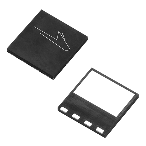 Angled product photo of the front and back of the QFN package used for Wolfspeed's Discrete Silicon Carbide MOSFETs.