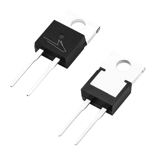 Angled product photo of the front and back of the TO-220-2 package used for Wolfspeed's Discrete Silicon Carbide MOSFETs.