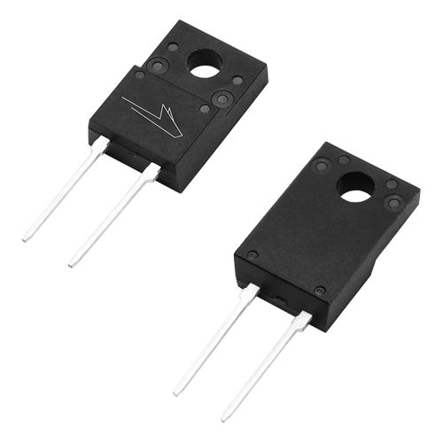 Angled product photo of the front and back of the TO-220-F2 package used for Wolfspeed's Discrete Silicon Carbide MOSFETs.