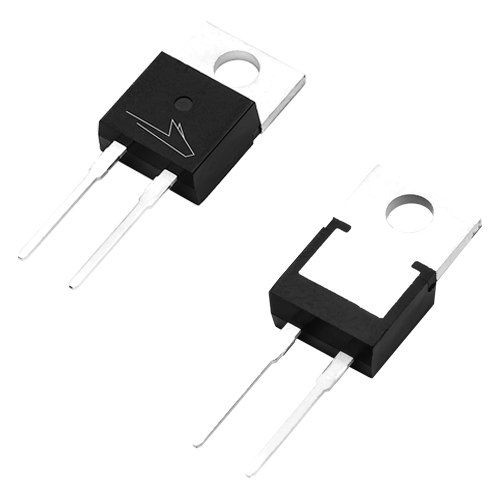 Angled product photo of the front and back of the TO-220-Isolated package used for Wolfspeed's Discrete Silicon Carbide MOSFETs.
