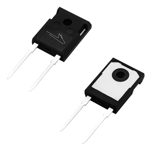 Angled product photo of the front and back of the TO-247-2 package used for Wolfspeed's Discrete Silicon Carbide MOSFETs.