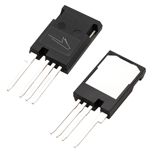 Angled product photo of the front and back of the TO-247-4 package used for Wolfspeed's Discrete Silicon Carbide MOSFETs.