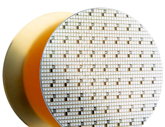 A 200mm Silicon Carbide Wafer from Wolfspeed. It's a close-up product shot on a transparent background.