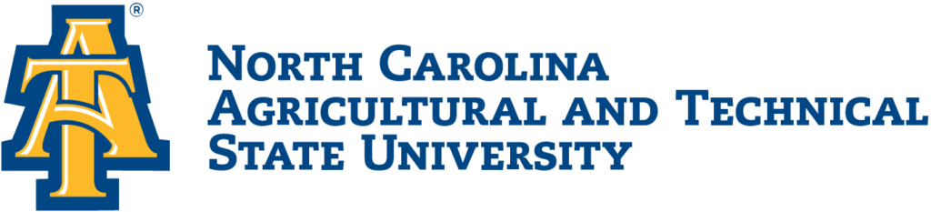 The gold and royal blue logotype for North Carolina Agricultural and Technical State University. To the right of the name is two large letters entwined vertically: the A and the T. 