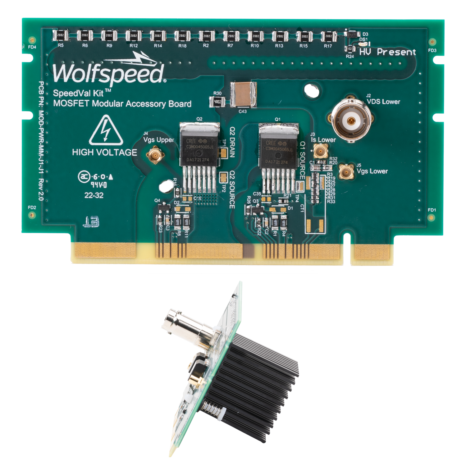 Product shot of Wolfspeed's MOD-PWR-MM, a MOSFET modular accessory board (power daughter card), in a TO-263-7 package designed for Wolfspeed's SpeedVal Kit modular evaluation platform.