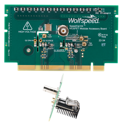 Product shot of Wolfspeed's MOD-PWR-MM, a MOSFET modular accessory board (power daughter card) in a TO-247-4 package designed for Wolfspeed's SpeedVal Kit modular evaluation platform.