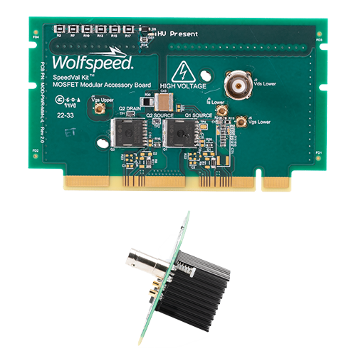 Front & side shots of Wolfspeed's SpeedVal Kit power daughter card (MOSFET modular accessory board) in a TOLL (TO-Leadless) discrete package.