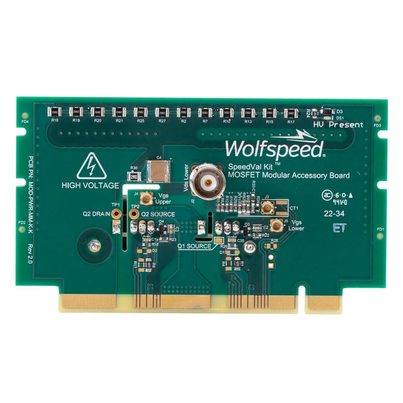 Front view only product shot of Wolfspeed's MOD-PWR-MM, a MOSFET modular accessory board (power daughter card) in a TO-247-4 package designed for Wolfspeed's SpeedVal Kit modular evaluation platform.