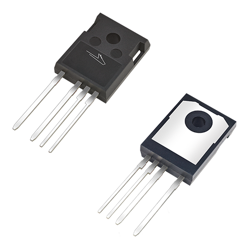 Composite image of the front and back sides of a Wolfspeed discrete Silicon Carbide (SiC) MOSFET in a TO-247-4 LP package